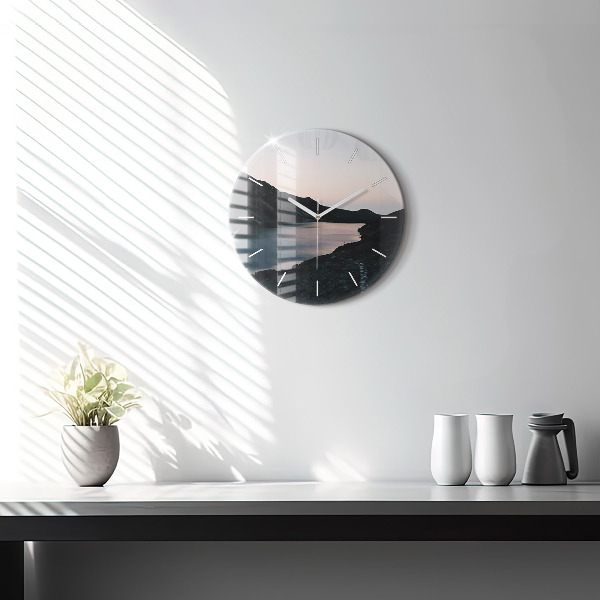 Ceas rotund de perete din sticlă Lac și munți