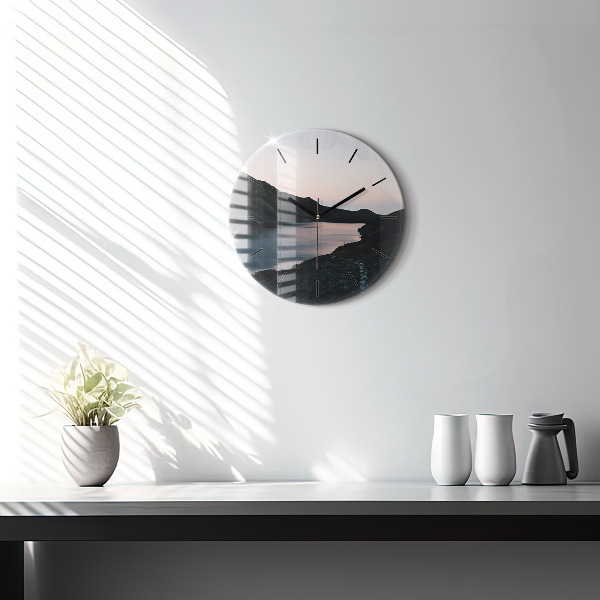 Ceas rotund de perete din sticlă Lac și munți