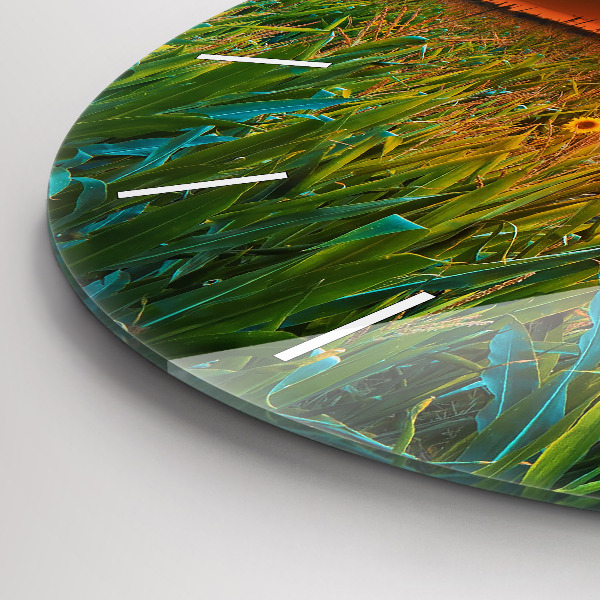 Ceas rotund de perete din sticlă Floarea soarelui în pajiște