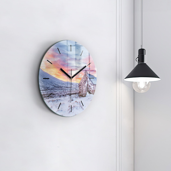 Ceas rotund de perete din sticlă Cabană la munte