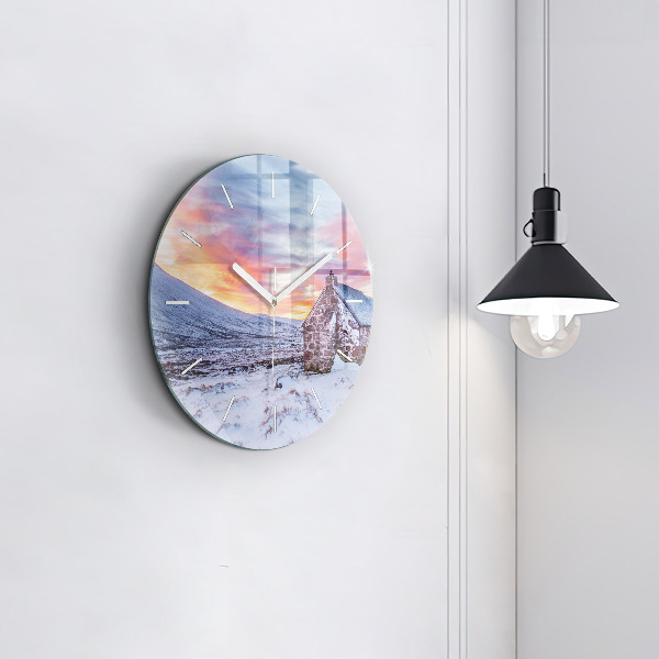 Ceas rotund de perete din sticlă Cabană la munte