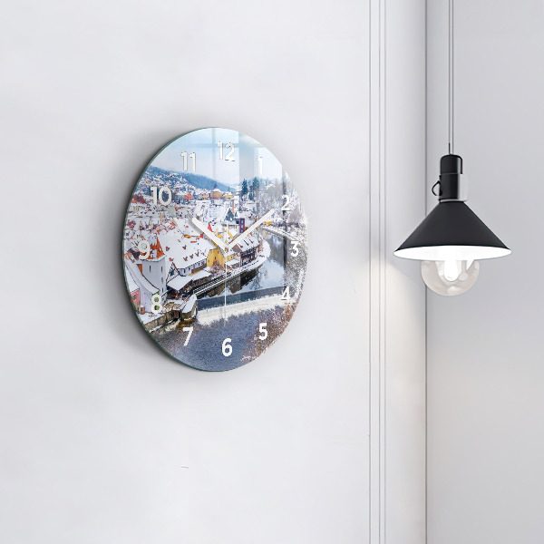 Ceas rotund de perete din sticlă Panorama orasului iarna