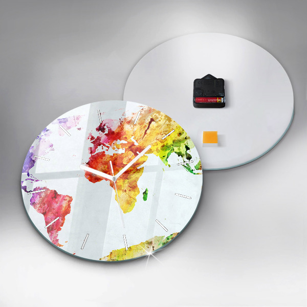 Ceas rotund de perete din sticlă Harta lumii acuarela