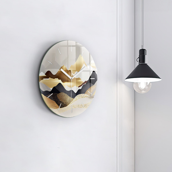 Ceas rotund de perete din sticlă Munți de aur abstracti