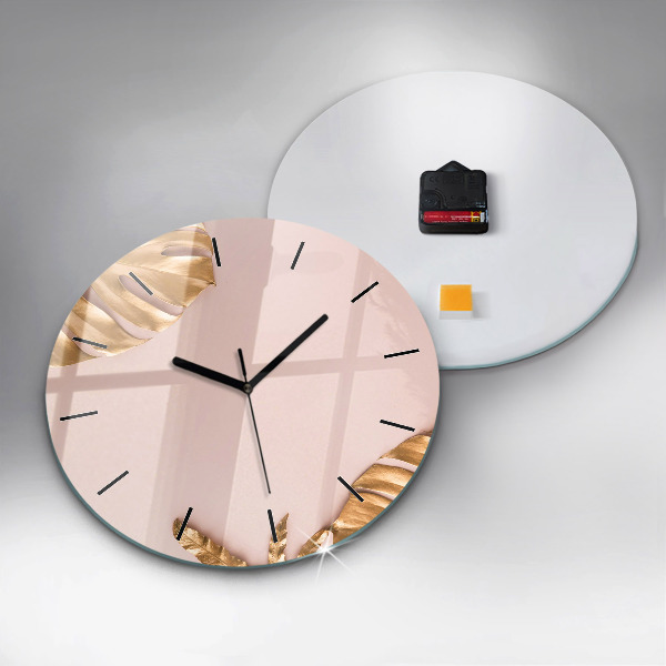 Ceas rotund de perete din sticlă Frunze tropicale aurii