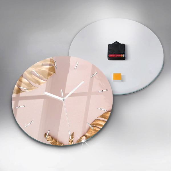 Ceas rotund de perete din sticlă Frunze tropicale aurii