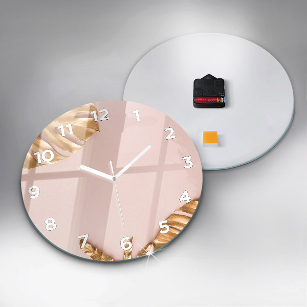 Ceas rotund de perete din sticlă Frunze tropicale aurii