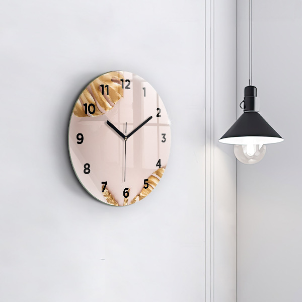 Ceas rotund de perete din sticlă Frunze tropicale aurii