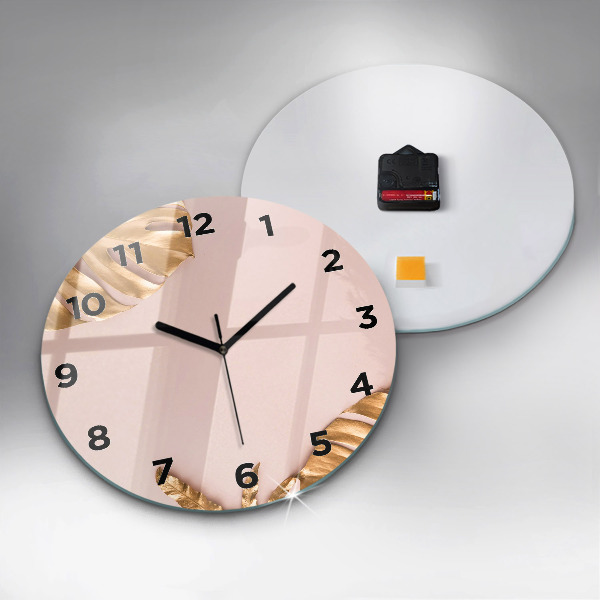 Ceas rotund de perete din sticlă Frunze tropicale aurii