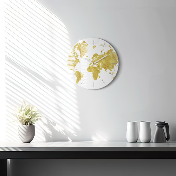 Ceas rotund de perete din sticlă Harta lumii aurii