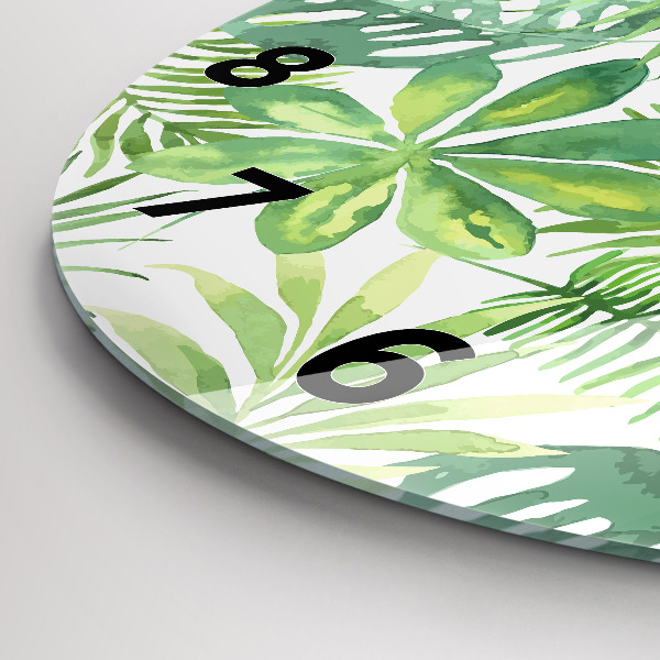 Ceas rotund de perete din sticlă Frunze verzi