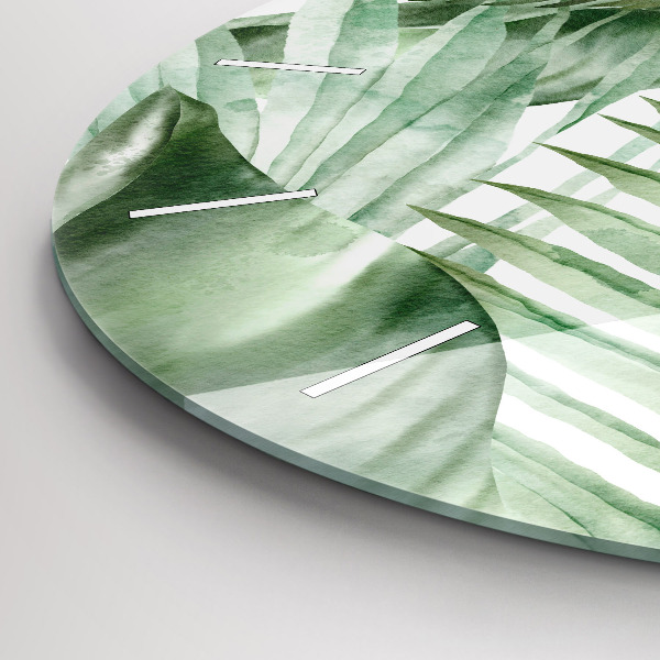 Ceas rotund de perete din sticlă Frunze de plante pictate