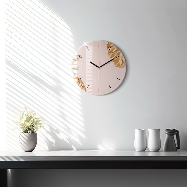 Ceas rotund de perete din sticlă Frunze tropicale aurii