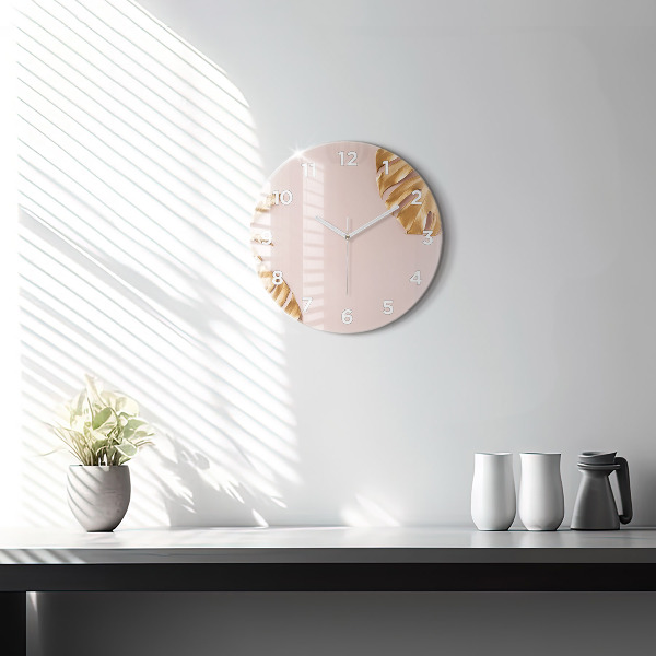 Ceas rotund de perete din sticlă Frunze tropicale aurii