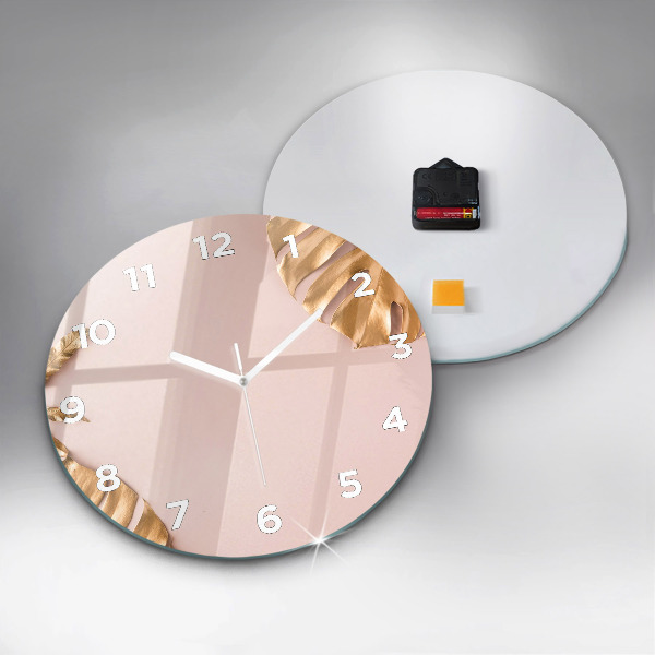 Ceas rotund de perete din sticlă Frunze tropicale aurii