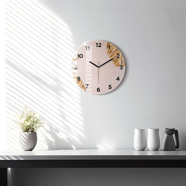 Ceas rotund de perete din sticlă Frunze tropicale aurii