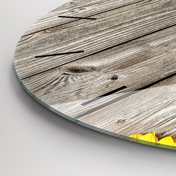 Ceas rotund de perete din sticlă Floarea soarelui pe scânduri