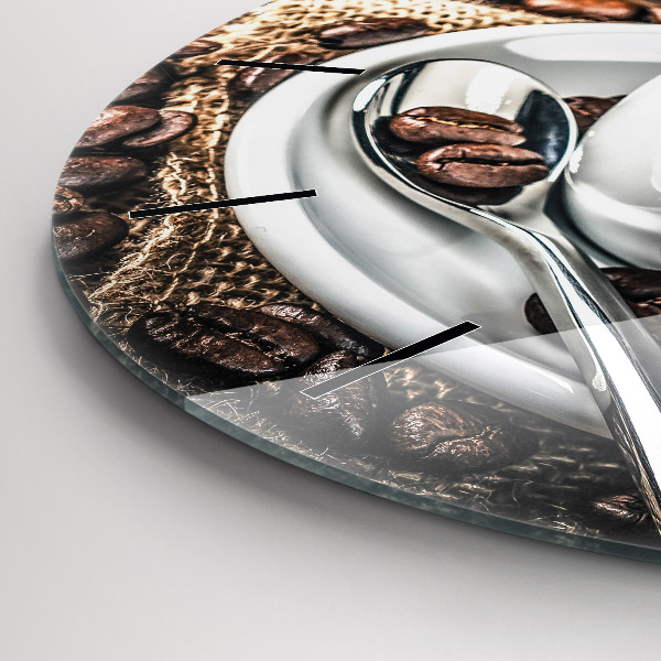 Ceas rotund de perete din sticlă ceașcă și boabe de cafea