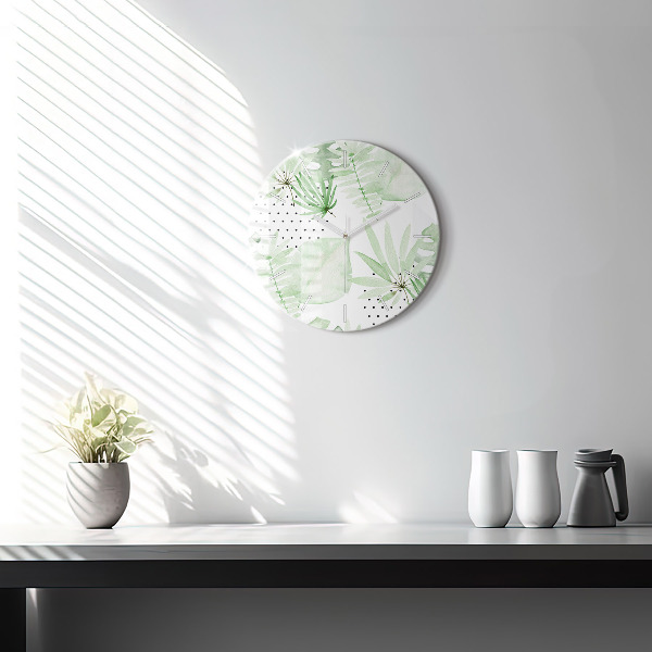 Ceas rotund de perete din sticlă Frunze verzi